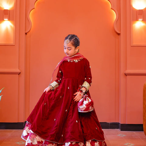 The Falak lehenga frock set(maroon)