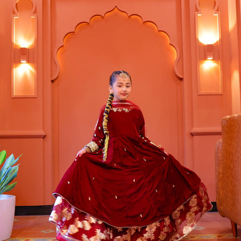 The Falak lehenga frock set(maroon)